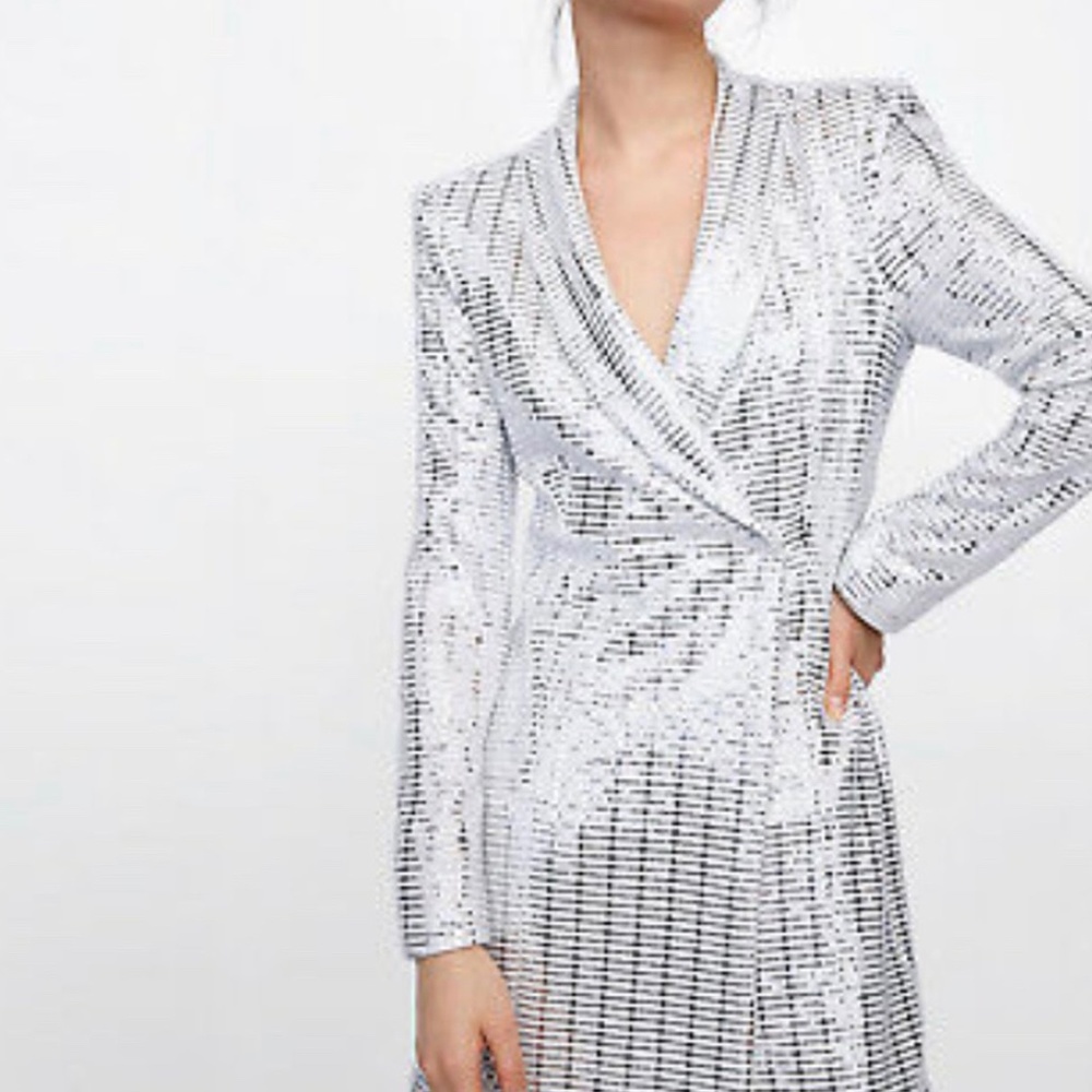 Zara Basic Silver Sequin Blazer/Jacket Dress